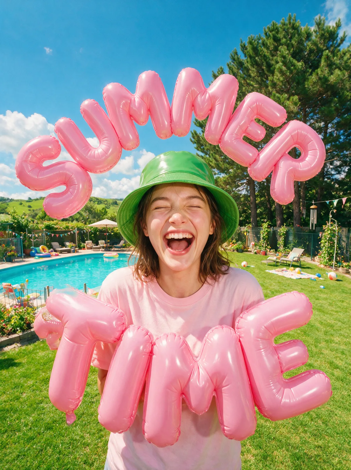 Девушка в зелёной панаме и надувные буквы «SUMMER TIME» из матового латекса у бассейна