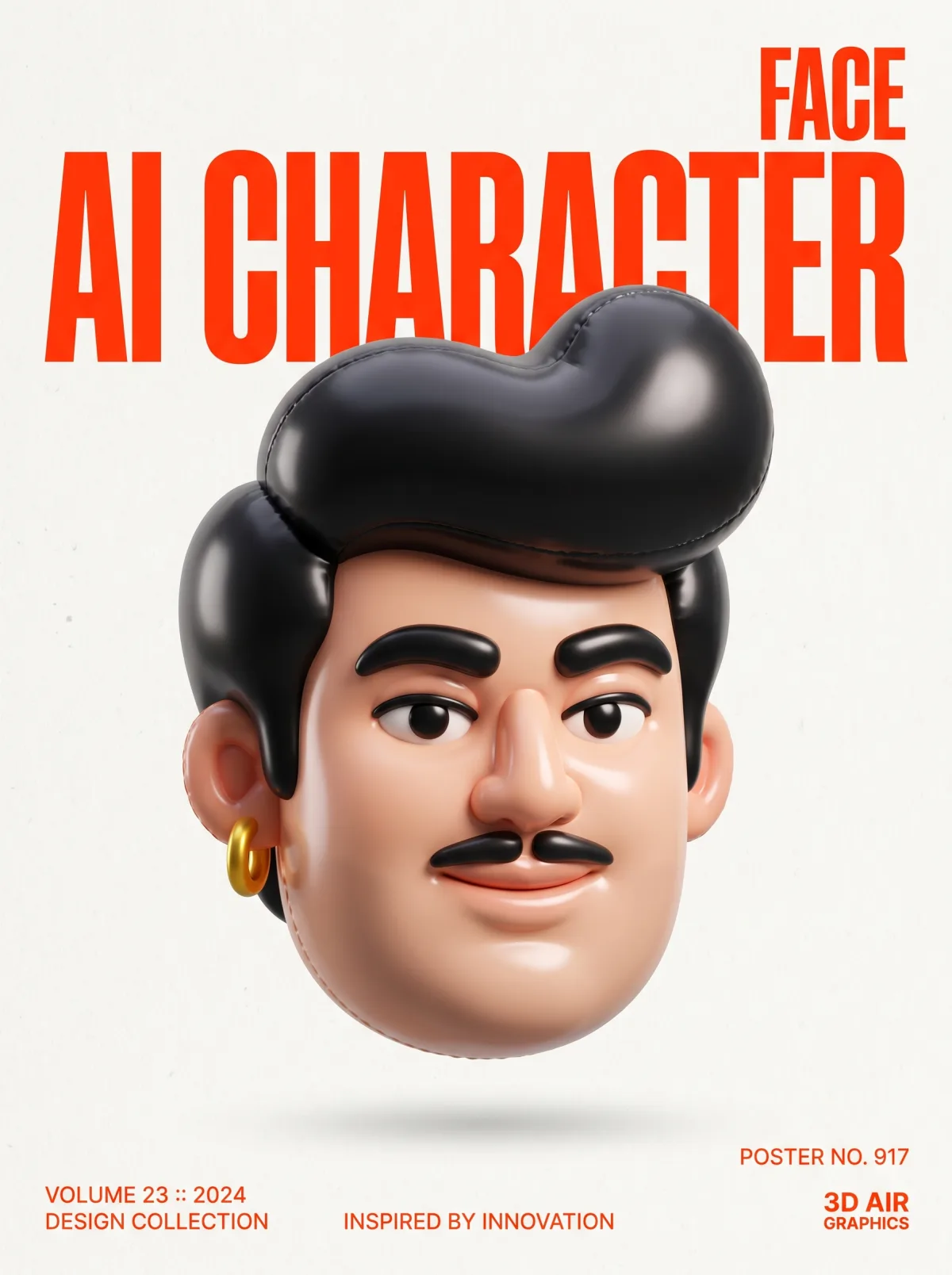Постер с надувной 3D-головой персонажа и заголовком AI CHARACTER FACE