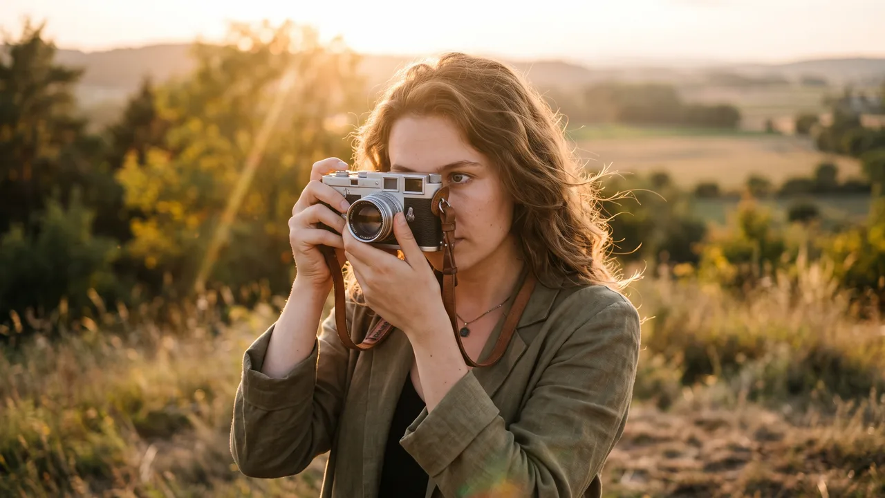 Девушка-фотограф с плёночной камерой в золотой час, сгенерировано нейросетью Nano Banana 2