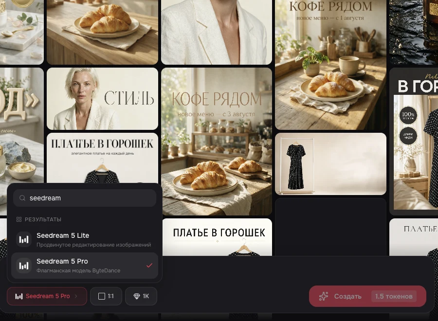 Выбор модели в neurus.ai — поиск seedream и обе модели Seedream 5 в списке
