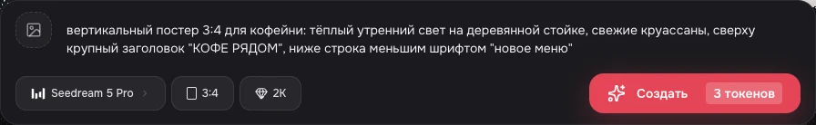 Генерация изображения в neurus.ai — промпт, формат 3:4, разрешение 2K и цена 3 токена до запуска
