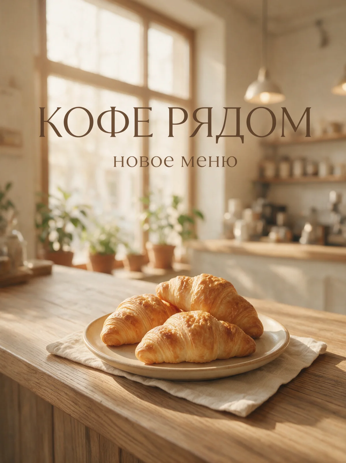 Постер кофейни с русским заголовком «Кофе рядом» и круассанами, сгенерировано нейросетью Seedream 5 Pro