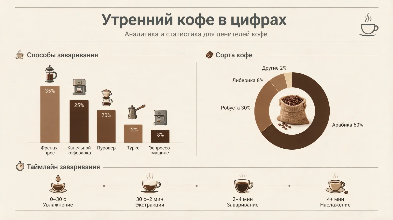 Инфографика про кофе с диаграммами и таймлайном, сгенерировано нейросетью Seedream 5 Pro