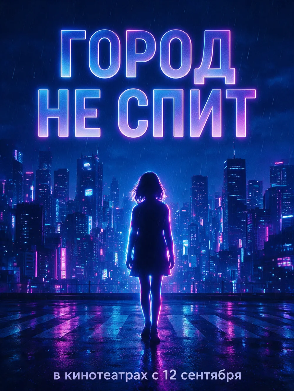 Вертикальный киноплакат с крупным заголовком «ГОРОД НЕ СПИТ» и неоновым городом под дождём, сгенерировано нейросетью Seedream 5 Pro