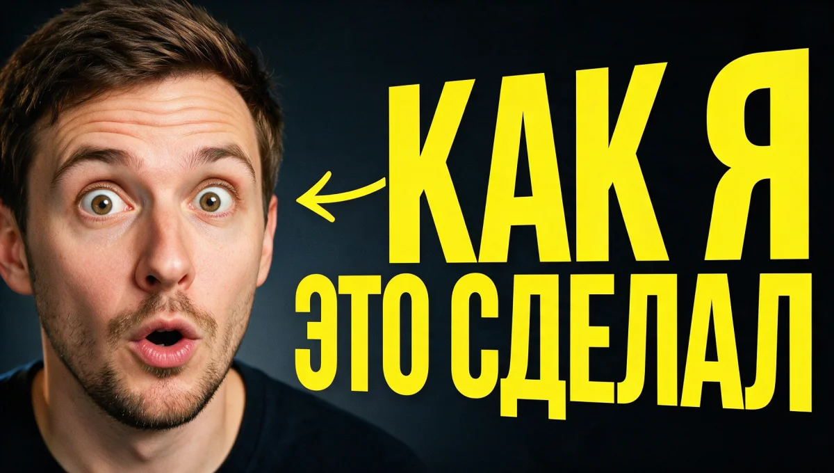Обложка-превью для видео с удивлённым лицом и крупным заголовком «КАК Я ЭТО СДЕЛАЛ», сгенерировано нейросетью Seedream 5 Pro