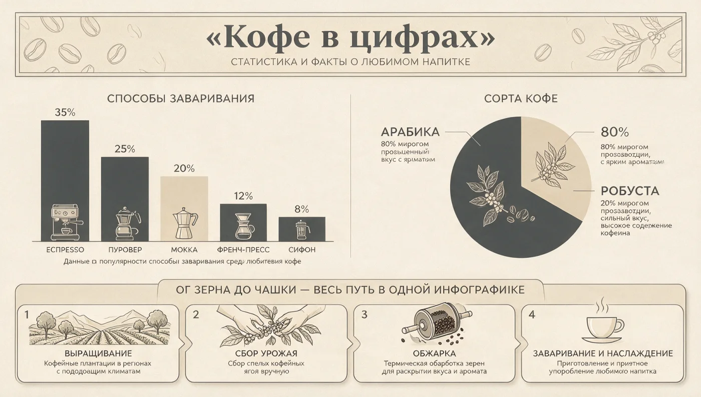 Инфографика «Кофе в цифрах» с диаграммами и таймлайном заваривания, сгенерировано нейросетью Seedream 5 Pro