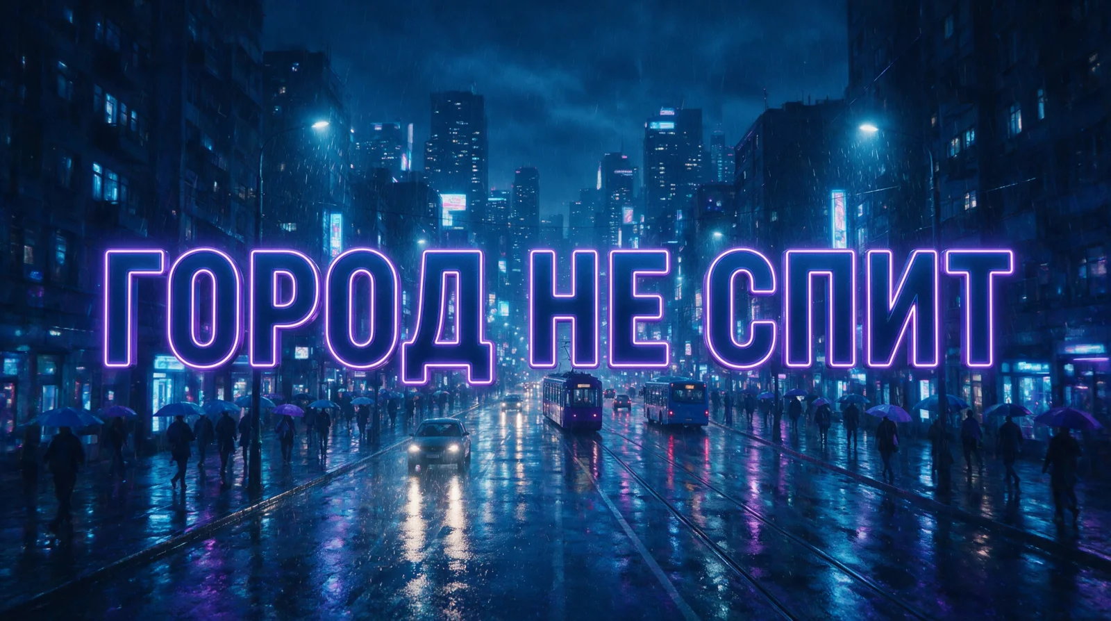Постер с крупным русским заголовком «ГОРОД НЕ СПИТ» и неоновым ночным городом, сгенерировано нейросетью Seedream 5 Pro